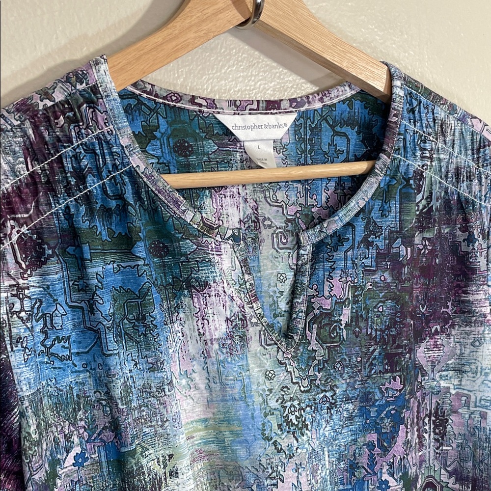 NWOT Christopher & Banks Blue and Purple Mosiac Long Sleeve Top - Picture 2 of 7